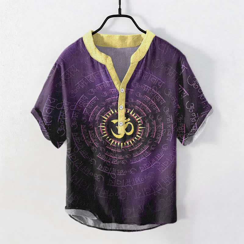 Buddha Stones Cotton Om Mantra Emblem Men's Short Sleeve Half Button Shirt - DarkViolet - US/UK/AU50,EU60 (5XL) - image 7