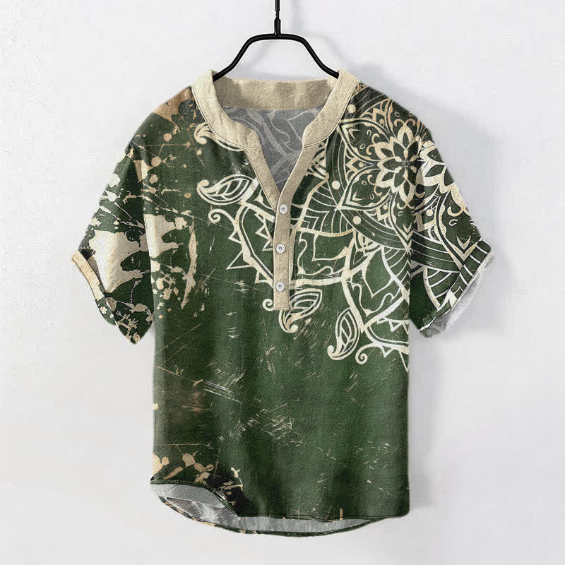 Buddha Stones Cotton Lotus Mandala Emblem Men's Short Sleeve Half Button Shirt - DarkGreen - US/UK/AU50,EU60 (5XL) - image 0