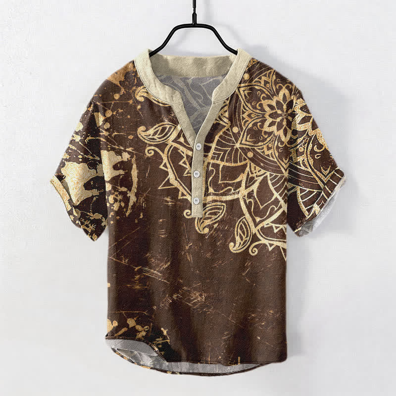 Buddha Stones Cotton Lotus Mandala Emblem Men's Short Sleeve Half Button Shirt - SaddleBrown - US/UK/AU50,EU60 (5XL) - image 5