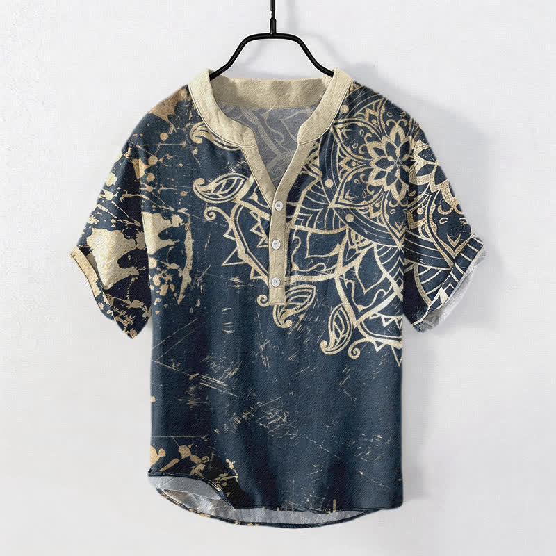 Buddha Stones Cotton Lotus Mandala Emblem Men's Short Sleeve Half Button Shirt - SteelBlue - US/UK/AU50,EU60 (5XL) - image 7