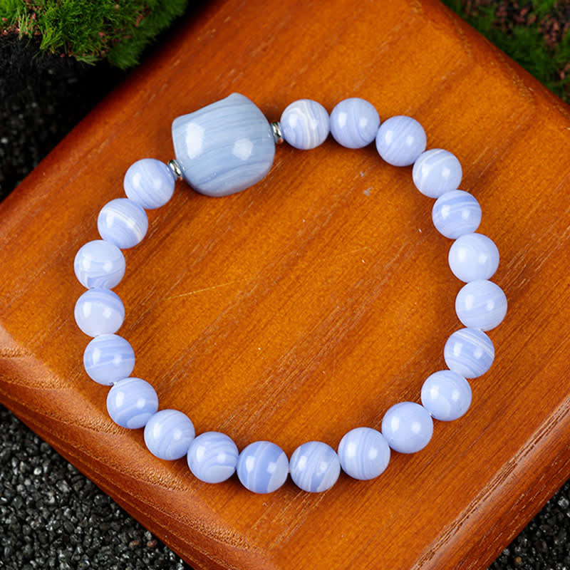 Buddha Stones Cute Cat Design Blue Lace Agate Clear Quartz Beaded Bracelet - Blue Lace Agate(Wrist Circumference 15–16cm) - image 0