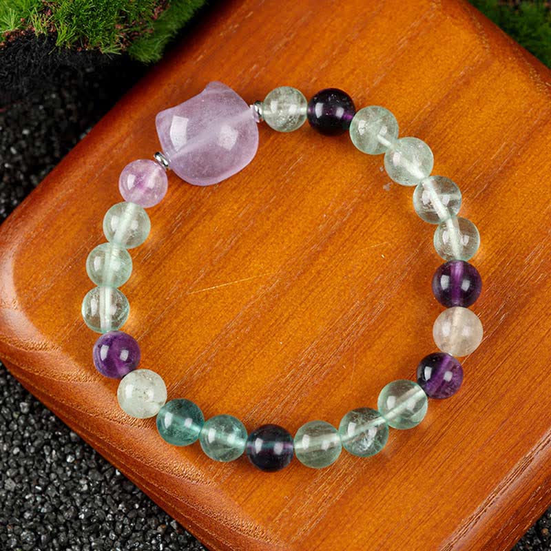 Buddha Stones Cute Cat Design Blue Lace Agate Clear Quartz Beaded Bracelet - Rainbow Fluorite(Wrist Circumference 15–16cm) - image 20