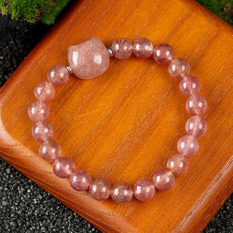 Buddha Stones Cute Cat Design Blue Lace Agate Clear Quartz Beaded Bracelet - Strawberry Quartz(Wrist Circumference 15–16cm) - image 16
