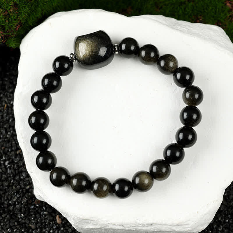 Buddha Stones Cute Cat Design Blue Lace Agate Clear Quartz Beaded Bracelet - Gold Sheen Obsidian(Wrist Circumference 15–16cm) - image 24