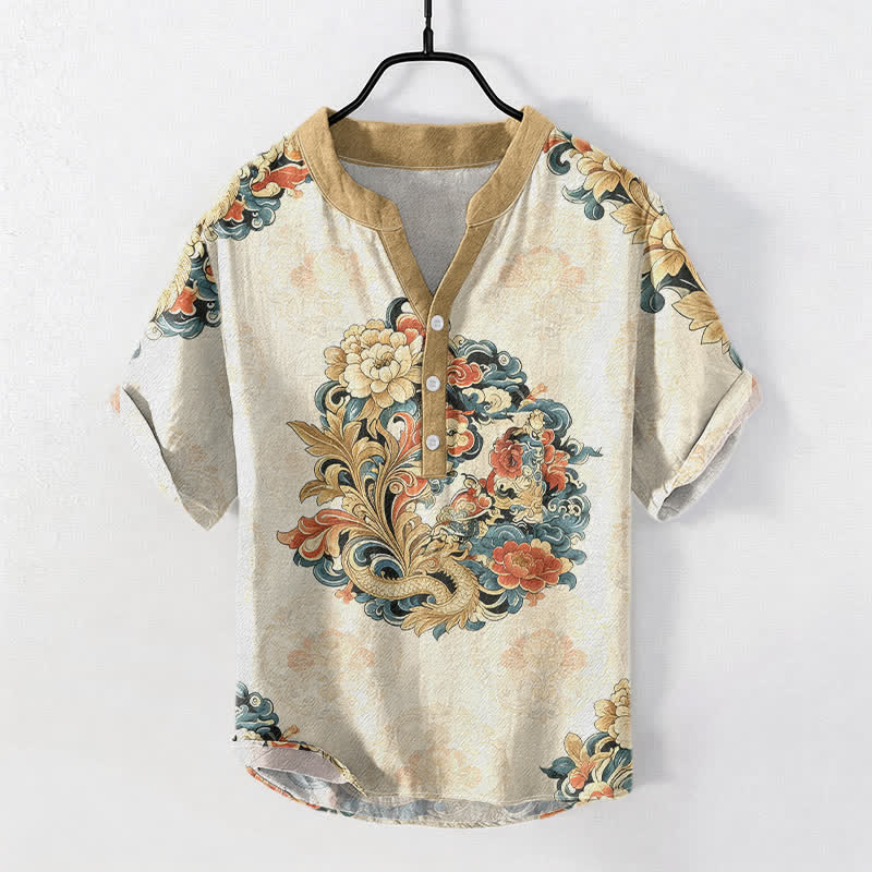 Buddha Stones Cotton Oriental Peony Phoenix Pattern Men's Short Sleeve Half Button Shirt - Beige - US/UK/AU50,EU60 (5XL) - image 0