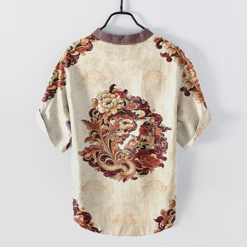 Buddha Stones Cotton Oriental Peony Phoenix Pattern Men's Short Sleeve Half Button Shirt - image 4