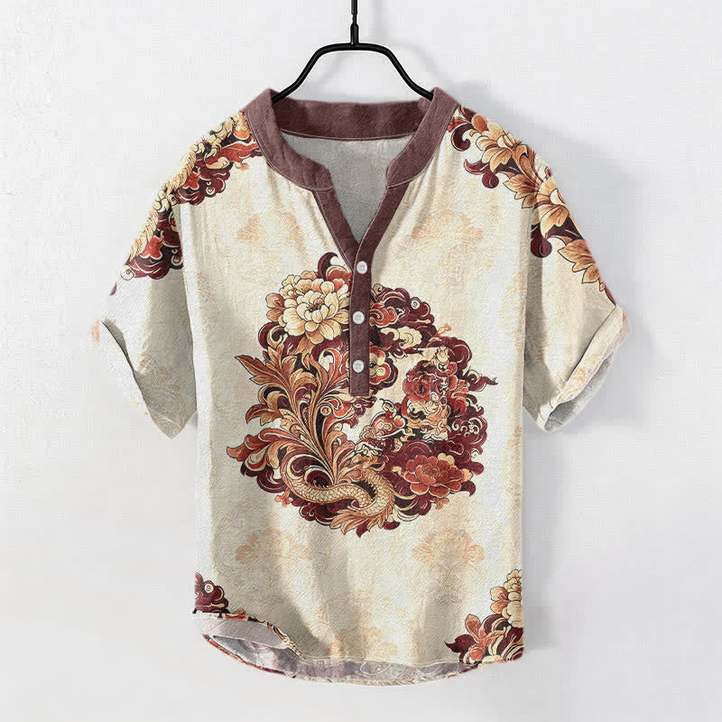 Buddha Stones Cotton Oriental Peony Phoenix Pattern Men's Short Sleeve Half Button Shirt - Brown - US/UK/AU50,EU60 (5XL) - image 3