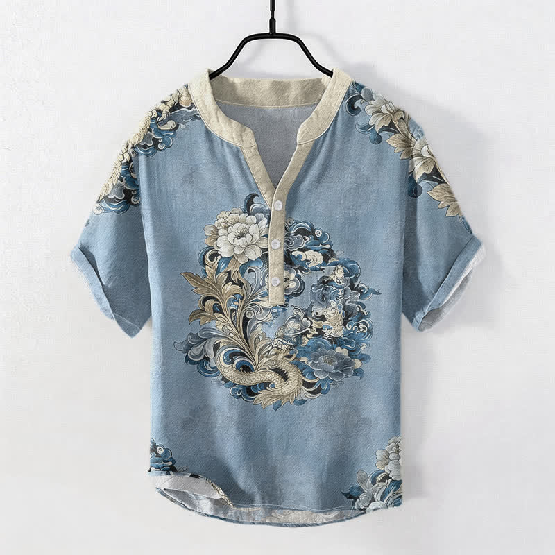 Buddha Stones Cotton Oriental Peony Phoenix Pattern Men's Short Sleeve Half Button Shirt - LightBlue - US/UK/AU50,EU60 (5XL) - image 5