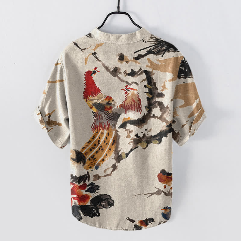 Buddha Stones Cotton Rooster Floral Ink Pattern Men's Short Sleeve Half Button Shirt - image 1