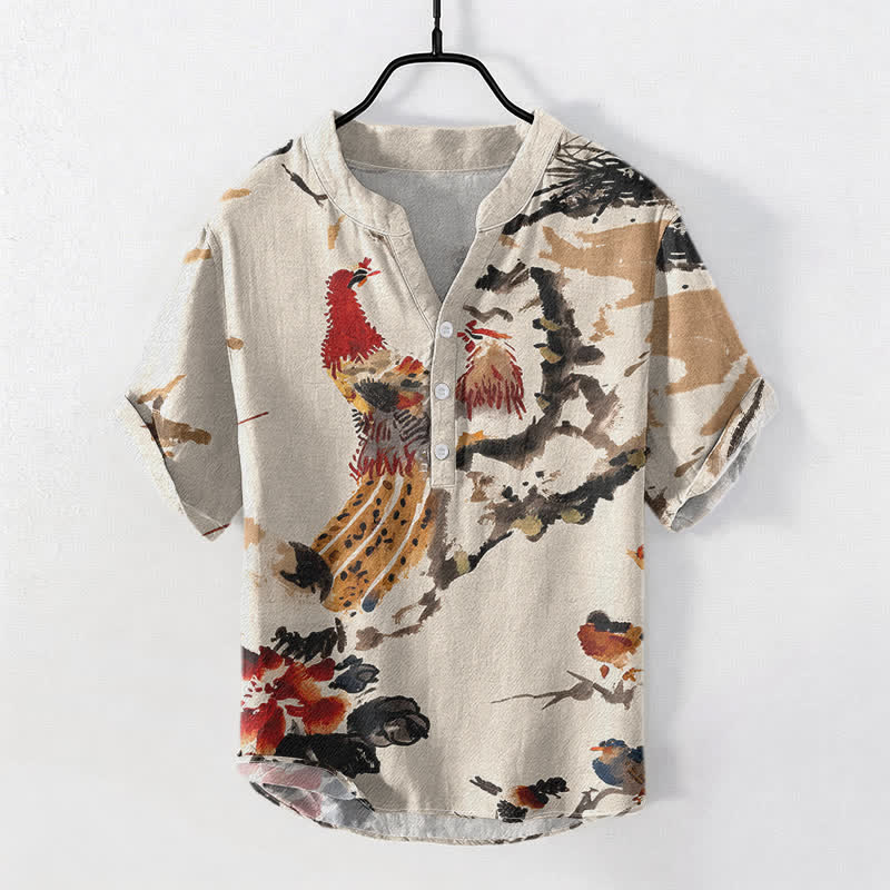 Buddha Stones Cotton Rooster Floral Ink Pattern Men's Short Sleeve Half Button Shirt - Linen - US/UK/AU50,EU60 (5XL) - image 0