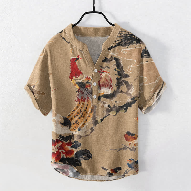 Buddha Stones Cotton Rooster Floral Ink Pattern Men's Short Sleeve Half Button Shirt - Tan - US/UK/AU50,EU60 (5XL) - image 3