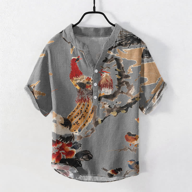 Buddha Stones Cotton Rooster Floral Ink Pattern Men's Short Sleeve Half Button Shirt - DarkGray - US/UK/AU50,EU60 (5XL) - image 5