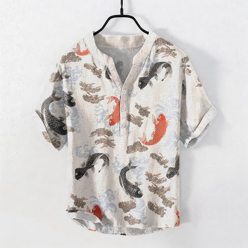 Buddha Stones Cotton Koi Fish Water Wave Pattern Men's Short Sleeve Half Button Shirt - Linen - US/UK/AU50,EU60 (5XL) - image 0