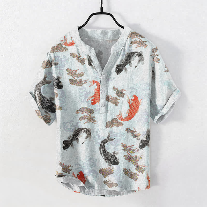 Buddha Stones Cotton Koi Fish Water Wave Pattern Men's Short Sleeve Half Button Shirt - LightCyan - US/UK/AU50,EU60 (5XL) - image 3