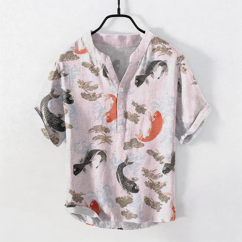 Buddha Stones Cotton Koi Fish Water Wave Pattern Men's Short Sleeve Half Button Shirt - LavenderBlush - US/UK/AU50,EU60 (5XL) - image 5