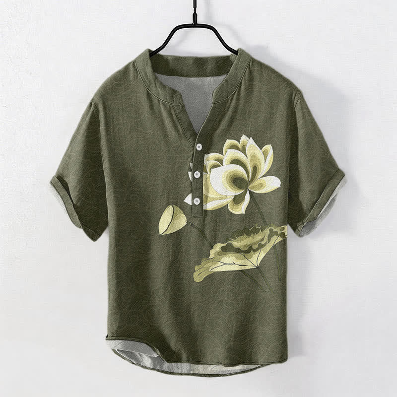 Buddha Stones Cotton Watercolor Lotus Pattern Men's Short Sleeve Half Button Shirt - DarkOliveGreen - US/UK/AU50,EU60 (5XL) - image 0
