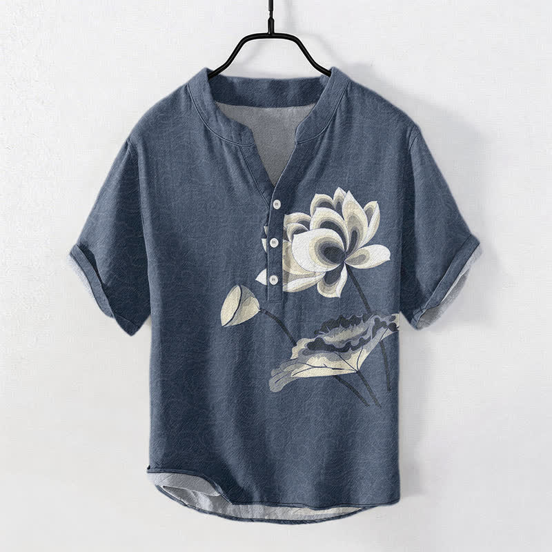 Buddha Stones Cotton Watercolor Lotus Pattern Men's Short Sleeve Half Button Shirt - SteelBlue - US/UK/AU50,EU60 (5XL) - image 5