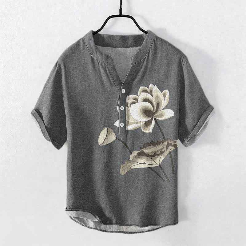 Buddha Stones Cotton Watercolor Lotus Pattern Men's Short Sleeve Half Button Shirt - DimGray - US/UK/AU50,EU60 (5XL) - image 7