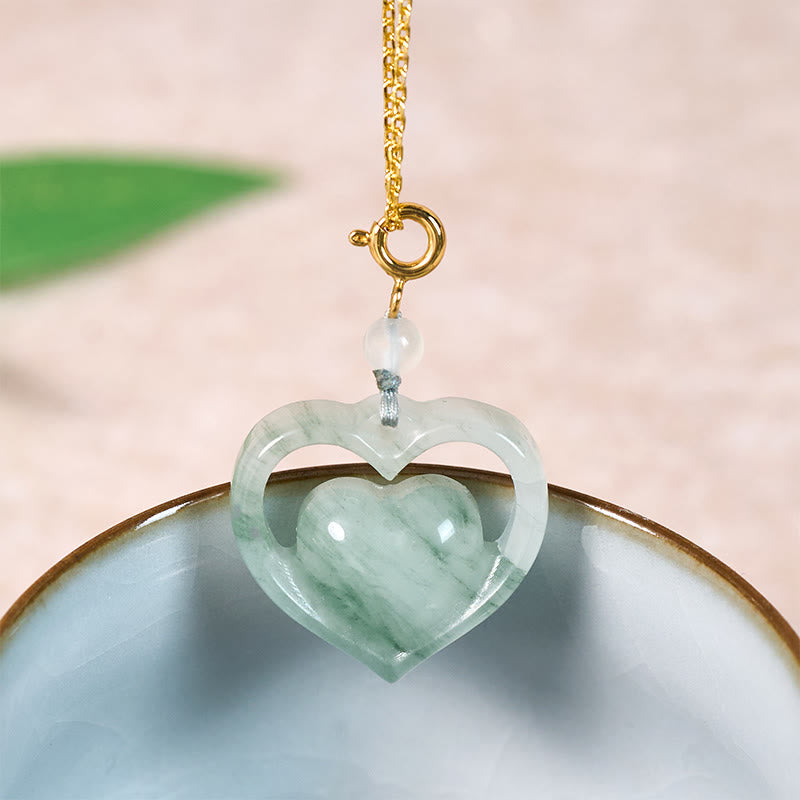 Buddha Stones Hollow Love Heart Jade Abundance Necklace Pendant - Golden-Natural Jade(Color&Size May Vary) - image 0