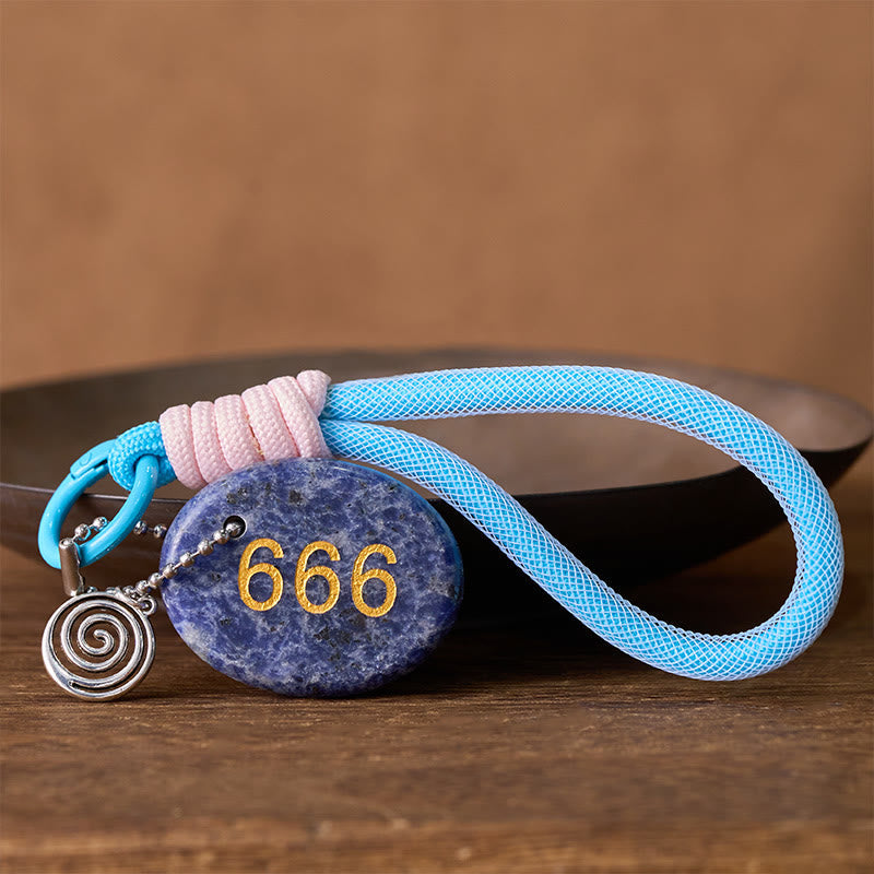 Buddha Stones "Wishing Balance and Inner Peace" 666 Angel Number Natural Sodalite Key Chain Hanging Decoration Includes Gift Message Card - image 1