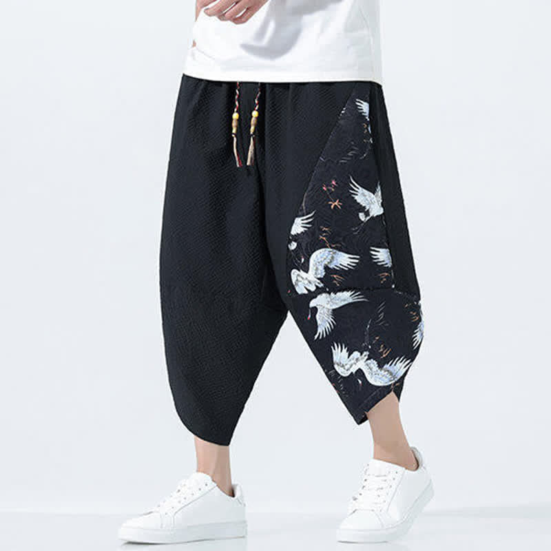Buddha Stones Summer Drawstring Tassel Crane Print Men's Harem Pants - Black - US/UK/AU46,EU56 (5XL) - image 8