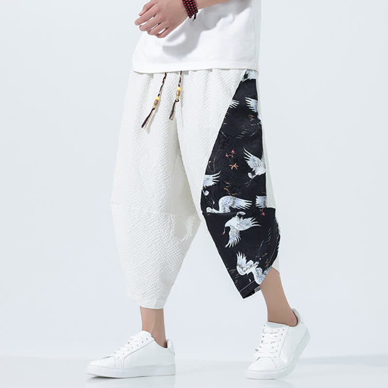 Buddha Stones Summer Drawstring Tassel Crane Print Men's Harem Pants - White - US/UK/AU46,EU56 (5XL) - image 21