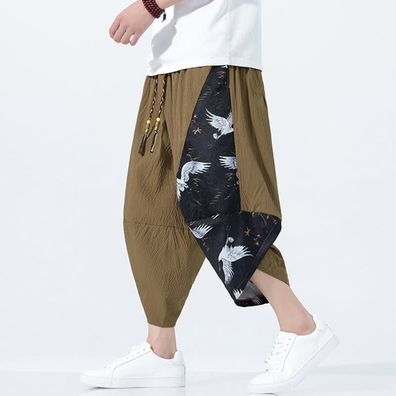 Buddha Stones Summer Drawstring Tassel Crane Print Men's Harem Pants - SaddleBrown - US/UK/AU46,EU56 (5XL) - image 0