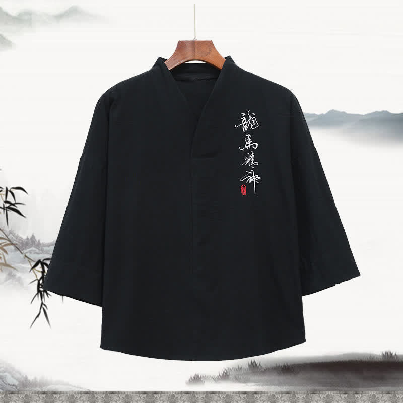 Buddha Stones Summer Tang Style Embroidery Mandarin Collar Calligraphy Print Men's Elbow-Length Sleeve T-Shirts - Black - US/UK/AU46,EU56 (5XL) - image 0