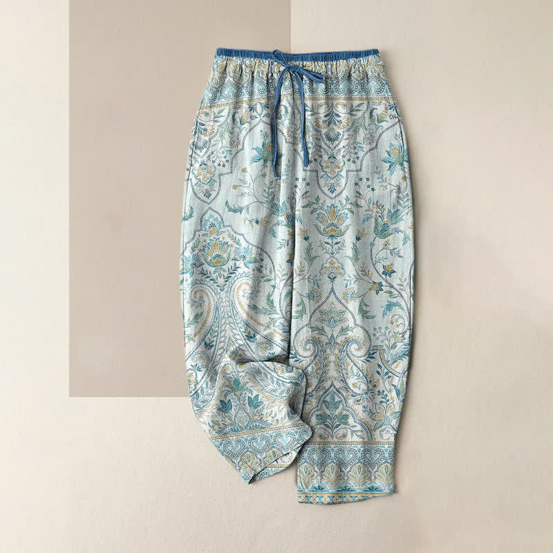 Buddha Stones Summer Cotton Paisley Floral Pattern Women's Elastic Waist Pants With Pockets - LightBlue - US16,UK/AU20,EU48 (3XL) - image 0