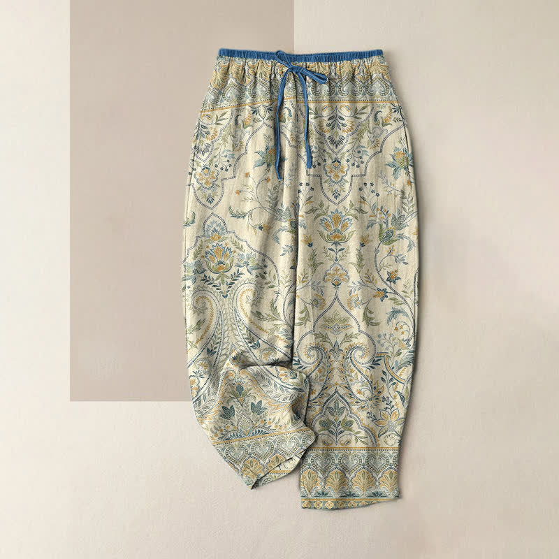 Buddha Stones Summer Cotton Paisley Floral Pattern Women's Elastic Waist Pants With Pockets - Beige - US16,UK/AU20,EU48 (3XL) - image 3
