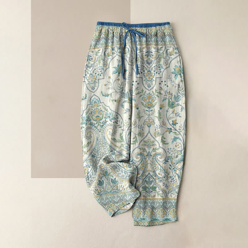 Buddha Stones Summer Cotton Paisley Floral Pattern Women's Elastic Waist Pants With Pockets - Ivory - US16,UK/AU20,EU48 (3XL) - image 4