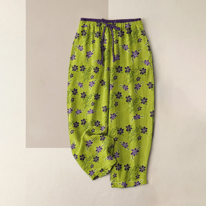 Buddha Stones Pure Cotton Purple Floral Leaf Pattern Women's Elastic Waist Pants With Pockets - YellowGreen - US16,UK/AU20,EU48 (3XL) - image 0