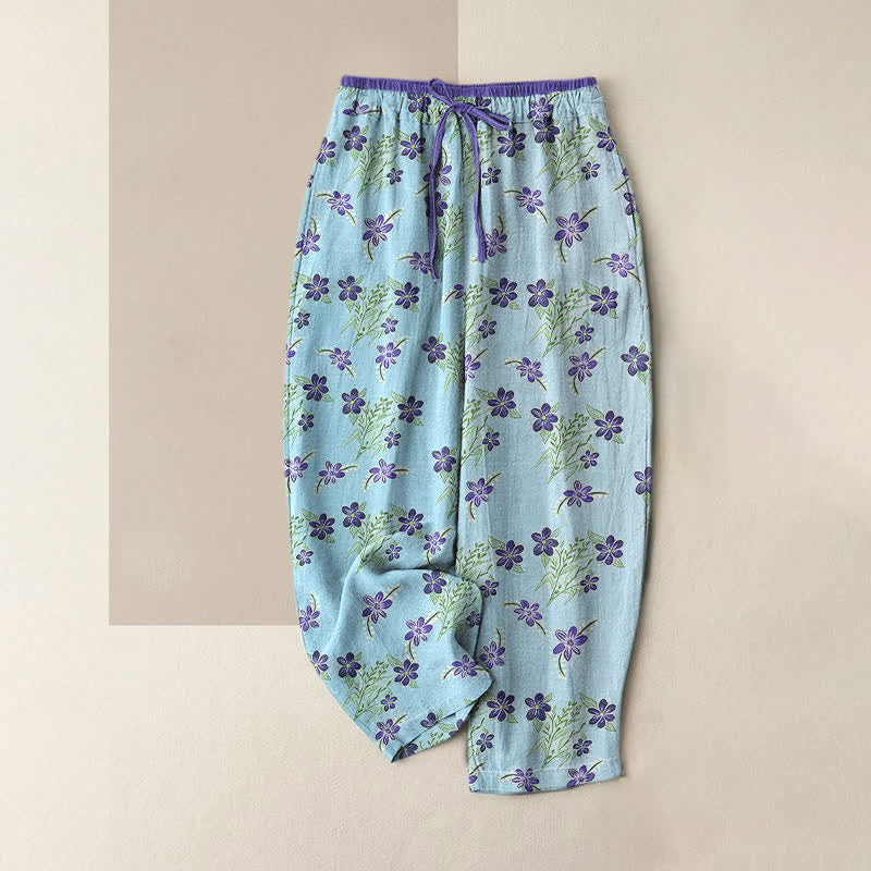 Buddha Stones Pure Cotton Purple Floral Leaf Pattern Women's Elastic Waist Pants With Pockets - PaleTurquoise - US16,UK/AU20,EU48 (3XL) - image 3