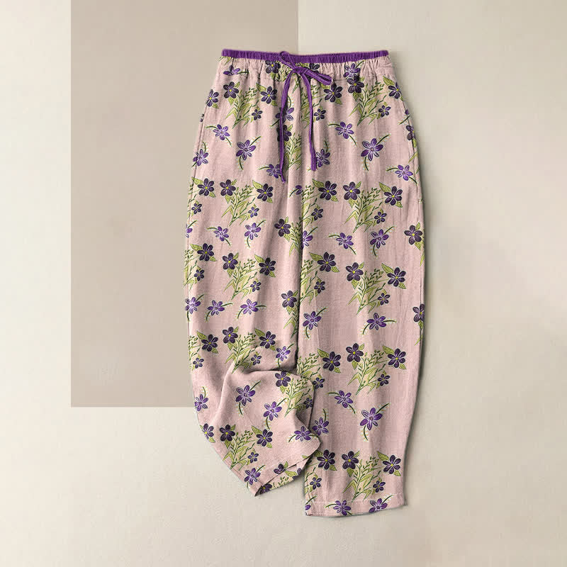 Buddha Stones Pure Cotton Purple Floral Leaf Pattern Women's Elastic Waist Pants With Pockets - Pink - US16,UK/AU20,EU48 (3XL) - image 4