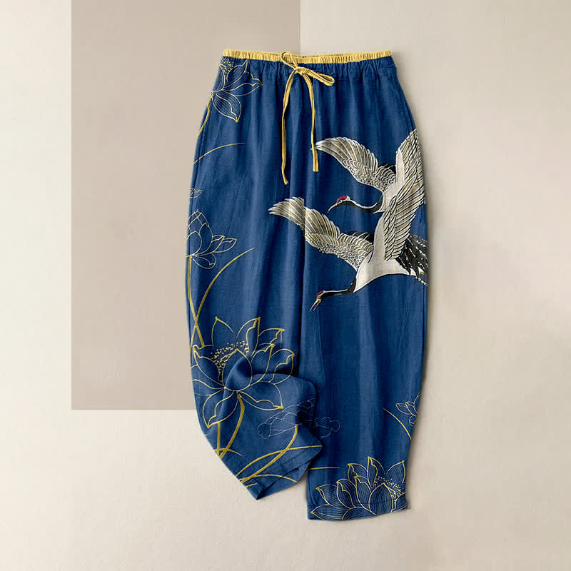 Buddha Stones Pure Cotton Crane Lotus Pattern Women's Elastic Waist Pants With Pockets - SteelBlue - US16,UK/AU20,EU48 (3XL) - image 4