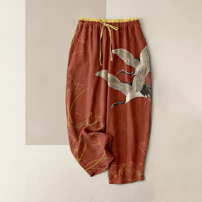Buddha Stones Pure Cotton Crane Lotus Pattern Women's Elastic Waist Pants With Pockets - Brown - US16,UK/AU20,EU48 (3XL) - image 5