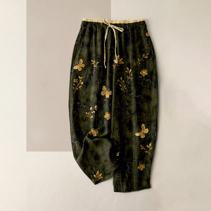 Buddha Stones Pure Cotton Gold Butterfly Floral Pattern Women's Elastic Waist Pants With Pockets - Olive - US16,UK/AU20,EU48 (3XL) - image 0