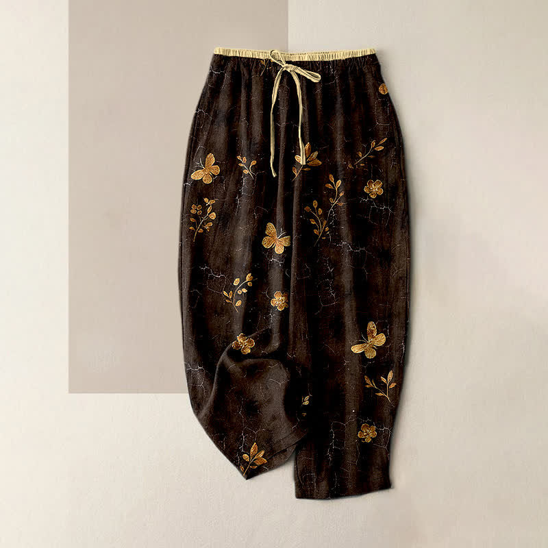 Buddha Stones Pure Cotton Gold Butterfly Floral Pattern Women's Elastic Waist Pants With Pockets - SaddleBrown - US16,UK/AU20,EU48 (3XL) - image 4
