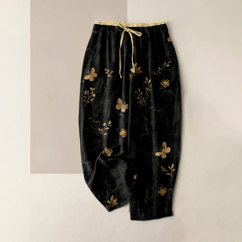 Buddha Stones Pure Cotton Gold Butterfly Floral Pattern Women's Elastic Waist Pants With Pockets - Black - US16,UK/AU20,EU48 (3XL) - image 5