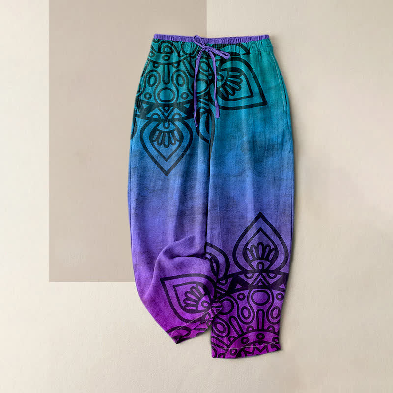 Buddha Stones Pure Cotton Gradient Mandala Pattern Women's Elastic Waist Pants With Pockets - BlueViolet - US16,UK/AU20,EU48 (3XL) - image 0