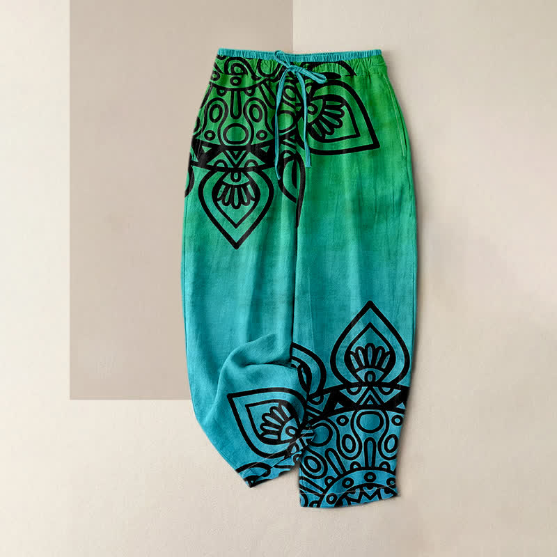 Buddha Stones Pure Cotton Gradient Mandala Pattern Women's Elastic Waist Pants With Pockets - Turquoise - US16,UK/AU20,EU48 (3XL) - image 3