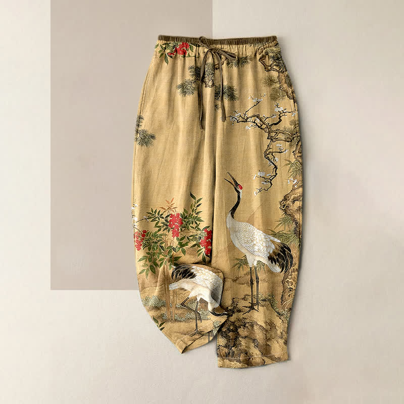 Buddha Stones Pure Cotton Crane Pine Pattern Women's Elastic Waist Pants With Pockets - Wheat - US16,UK/AU20,EU48 (3XL) - image 0