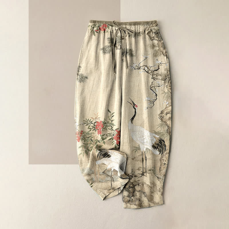 Buddha Stones Pure Cotton Crane Pine Pattern Women's Elastic Waist Pants With Pockets - Beige - US16,UK/AU20,EU48 (3XL) - image 3