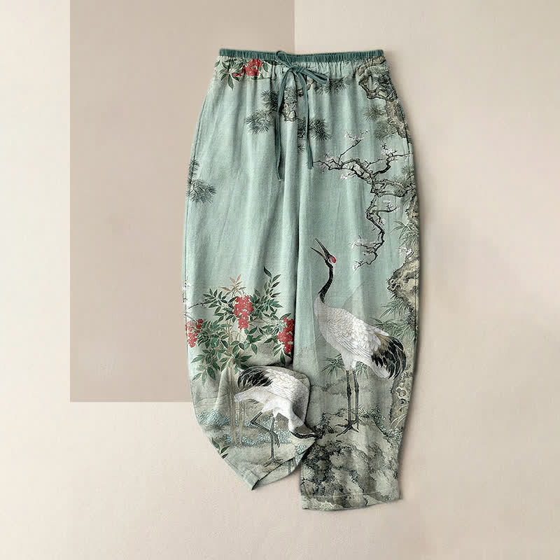 Buddha Stones Pure Cotton Crane Pine Pattern Women's Elastic Waist Pants With Pockets - PaleTurquoise - US16,UK/AU20,EU48 (3XL) - image 4