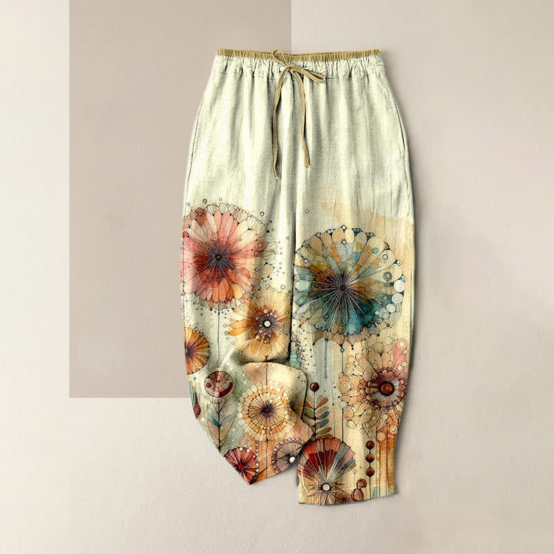 Buddha Stones Pure Cotton Watercolor Mandala Floral Pattern Women's Elastic Waist Pants With Pockets - LightYellow - US16,UK/AU20,EU48 (3XL) - image 0