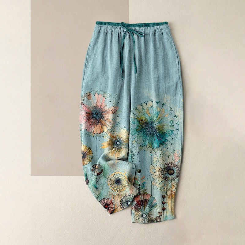 Buddha Stones Pure Cotton Watercolor Mandala Floral Pattern Women's Elastic Waist Pants With Pockets - LightBlue - US16,UK/AU20,EU48 (3XL) - image 3