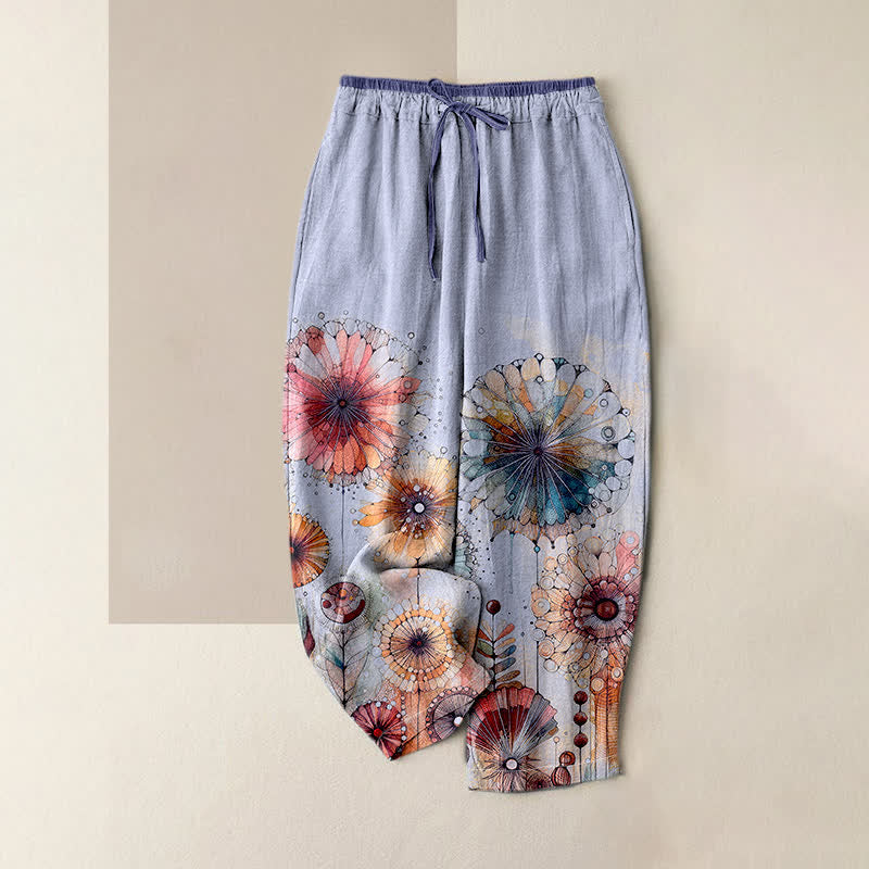 Buddha Stones Pure Cotton Watercolor Mandala Floral Pattern Women's Elastic Waist Pants With Pockets - Lavender - US16,UK/AU20,EU48 (3XL) - image 4