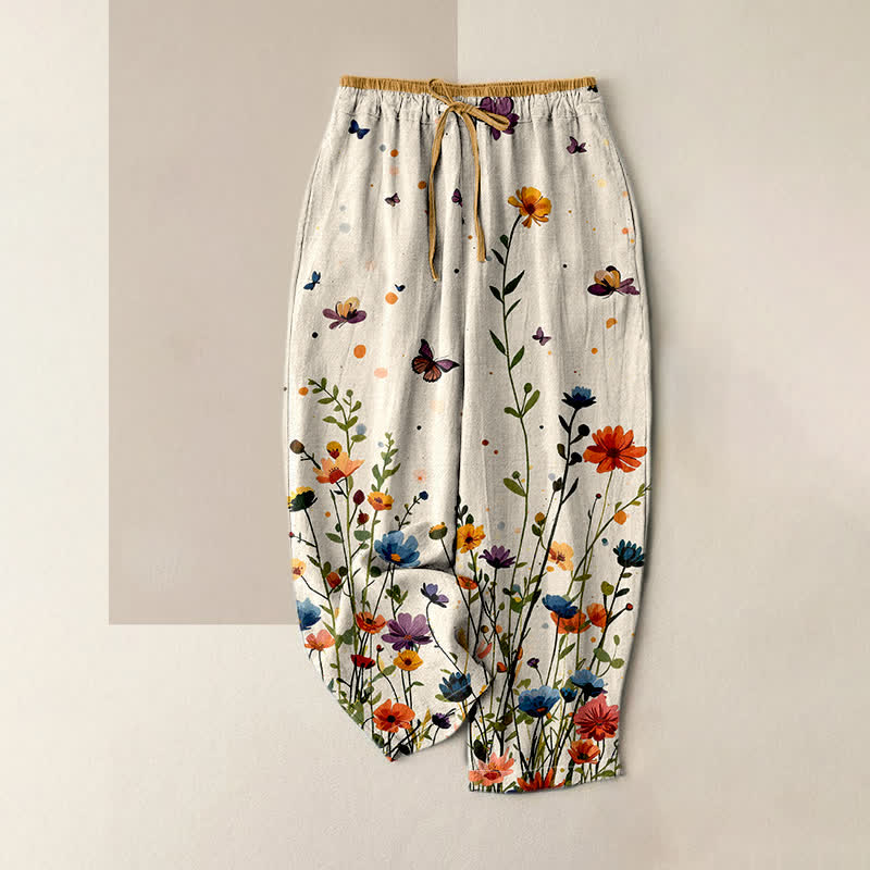 Buddha Stones Pure Cotton Bohemian Floral Butterfly Pattern Women's Elastic Waist Pants With Pockets - Ivory - US16,UK/AU20,EU48 (3XL) - image 0