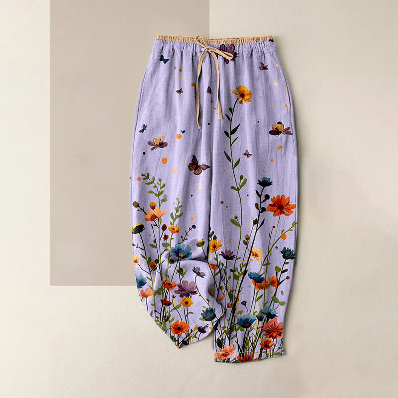Buddha Stones Pure Cotton Bohemian Floral Butterfly Pattern Women's Elastic Waist Pants With Pockets - Lavender - US16,UK/AU20,EU48 (3XL) - image 3