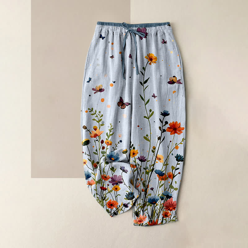 Buddha Stones Pure Cotton Bohemian Floral Butterfly Pattern Women's Elastic Waist Pants With Pockets - LightBlue - US16,UK/AU20,EU48 (3XL) - image 4